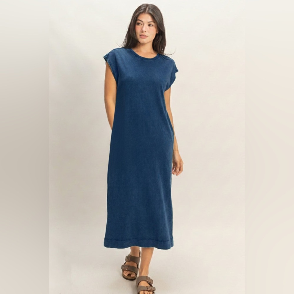 HYFVE Women's 100% Cotton Mineral Wash Cap Sleeve Midi Dress in Navy